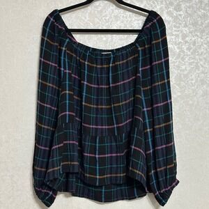 LOFT Black Plaid Square Off The Shoulder Long Sleeve Peasant Peplum Blouse XL